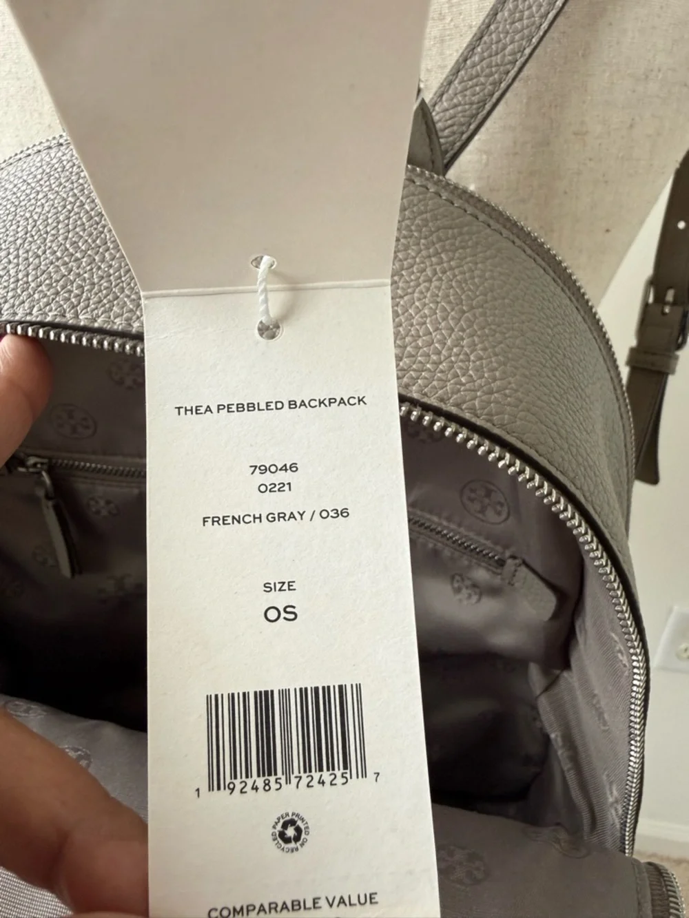 Tory Burch Taupe Gray Pebbled Leather Backpack